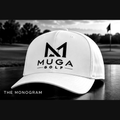 MUGA Golf Monogram white hat with black embroidery