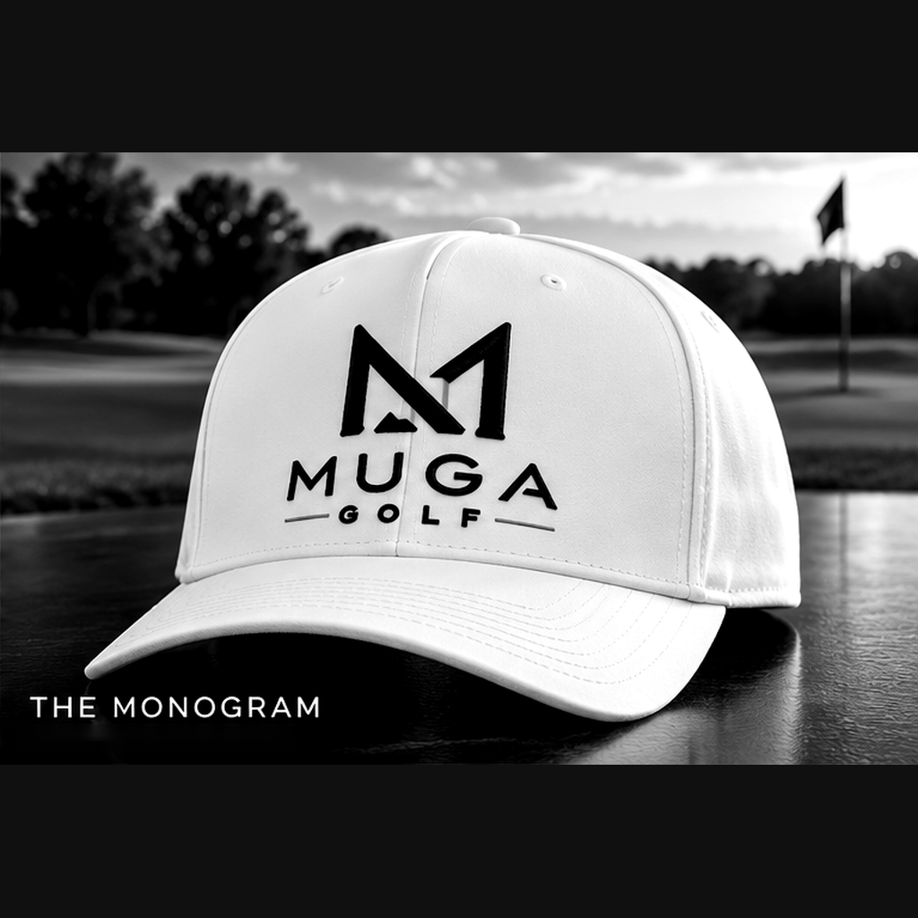 MUGA Golf Monogram white hat with black embroidery