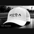 MUGA Golf Trucker white hat with black embroidery