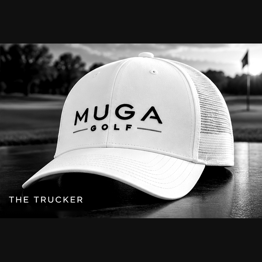 MUGA Golf Trucker white hat with black embroidery
